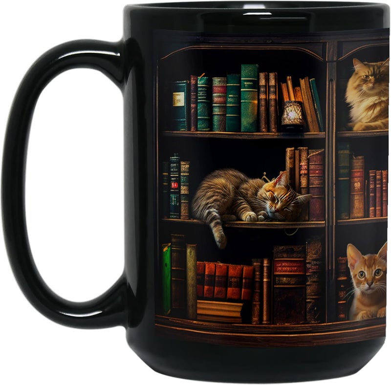 2IMT Cat Book Mug Book Lovers Gifts for Readers - Book Lover Bookish Gifts for Bookworm Women - Library Bookshelf Mug - Best Gift for Cat Lover - Reading Writer Women Black Coffee Cup 15oz - Image 3